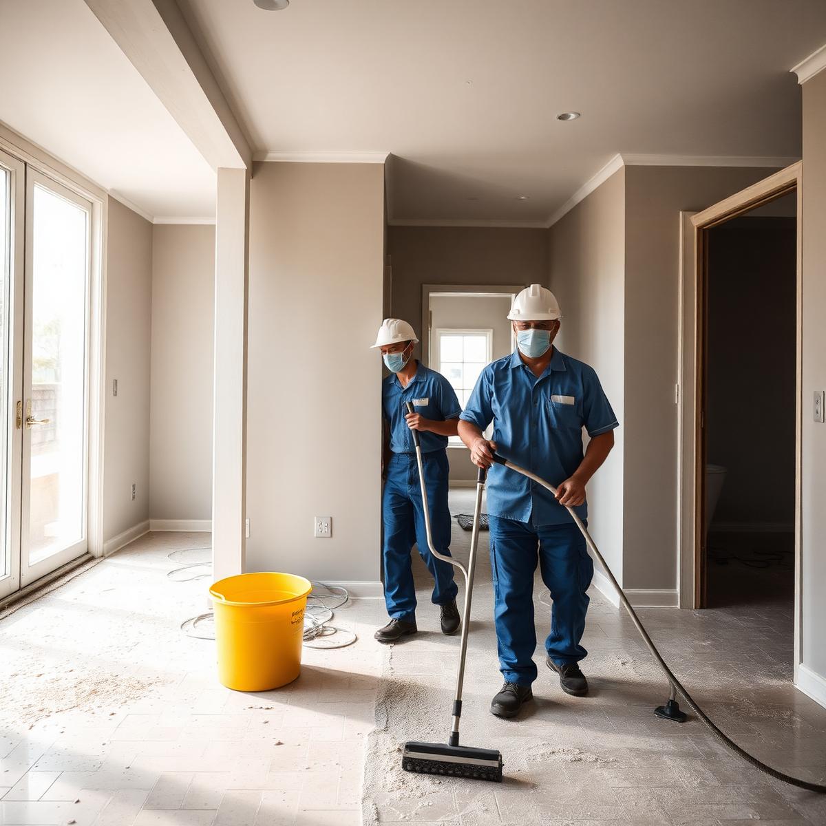 Crew performing post-construction cleanup in a new build